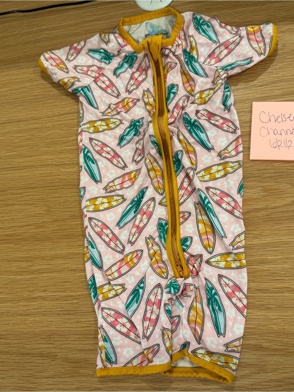 Little Ones Shop Pink Surfboard Print One-Piece Romper with Yellow Trim